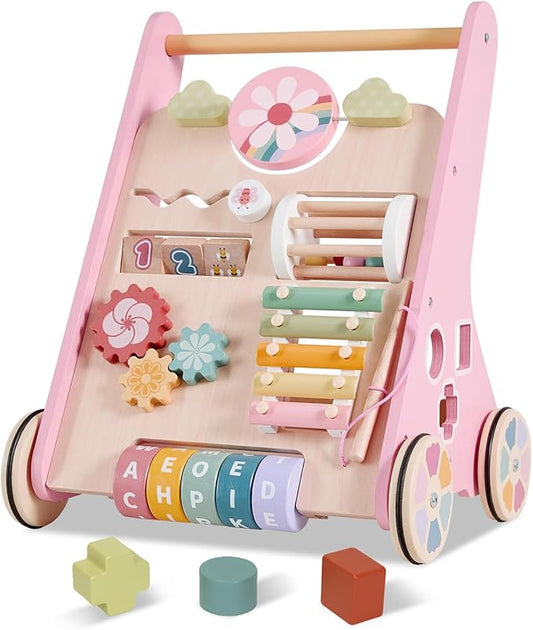 Wooden Baby Walker with Wheels, Adjustable Speed Baby Push Walker, Montessori Walking Toys for Girls Boys, Push and Pull Learning with Baby Activity Center, Christmas Birthday Gifts for Toddler
