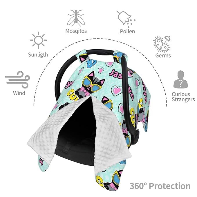 Personalized Baby Car Seat Canopy With Name - Custom Cute Cat Stroller Cover for Girls, Minky Nursing Cover for Breastfeeding, Newborn Carseat Canopies