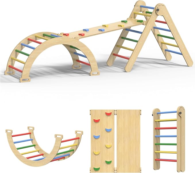 Pikler Triangle Set, 7 in 1 Foldable Climbing Toys Set for Kids, Baby Jungle Gym with Ramp & Arch, Wooden Montessori Climbing Set Indoor for Toddler (Colorful)