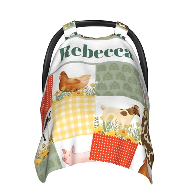 Personalized Baby Car Seat Canopy for Babies with Name, Custom Car Seat Covers for Boys Girls, Infant Opening Minky Nursing Breastfeeding Stroller Cover Carseat Canopies for Newborn (Farm Animals)
