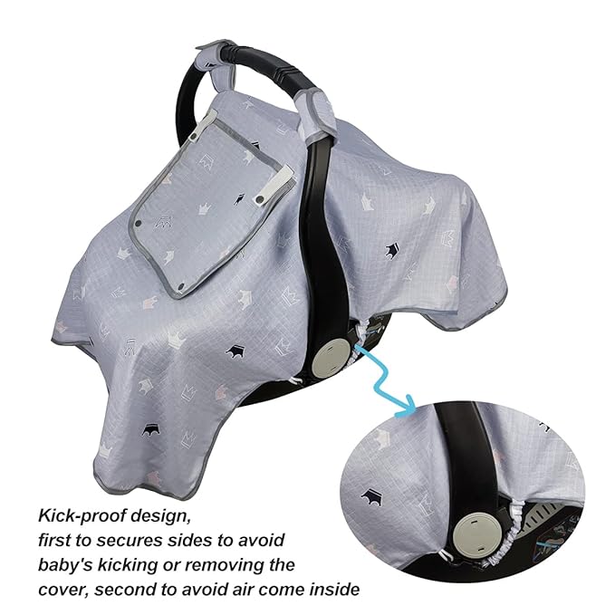 ICOPUCA Car seat Covers for Babies, kick-Proof carseat Cover boy Girls, carseat Canopy with Window, Light Weight Muslin, fit Summer/Autumn/Spring, Neutral, Grey Crown;