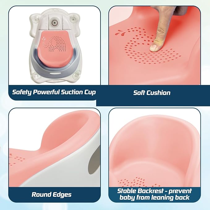 Baby Bath Seat with Tray for Babies 6 Months & Up, Baby Bathtub Seat with Ultra Strong Suction Cups, Infant Bathtub Support Chair Soft Cushion & Ergonomic Backrest, Ideal Gift for Infants (Pink)