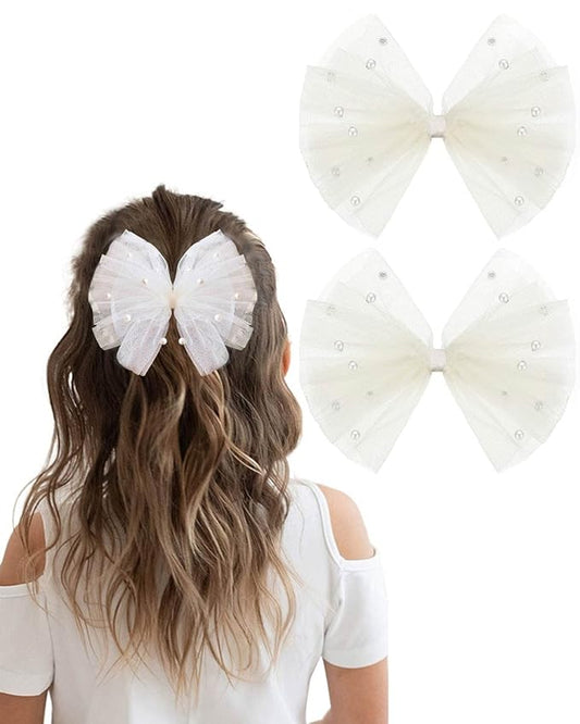 2PCS Pearl Hair Bows Clip for Toddler Girls Ivory Sweet First Communion Baby Hair Clips for Wedding Party Daily Wearing