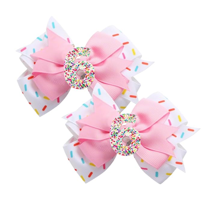 2 Pack 6th Birthday Hair Bow for Girls, Pink Hair Clips Hair Accessories for Girls 1 2 3 4 5 6 Years Birthday Confetti Ice Cream Party Supplies Decorations