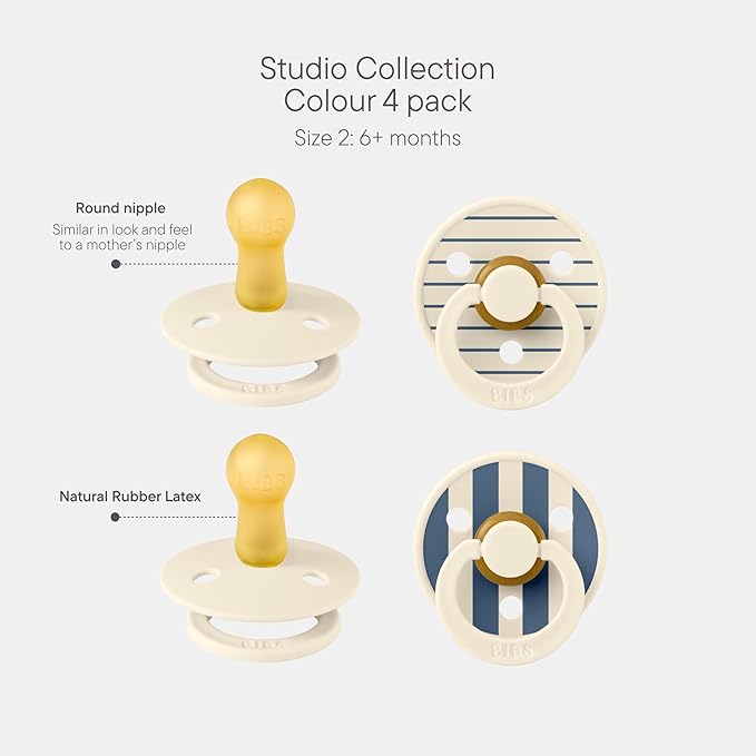 BIBS Studio Pacifier 4-Pack, BPA Free Pacifiers, Round Nipple. Natural Rubber Latex, Made in Denmark, Size 2 (6-18 Months), Ivory