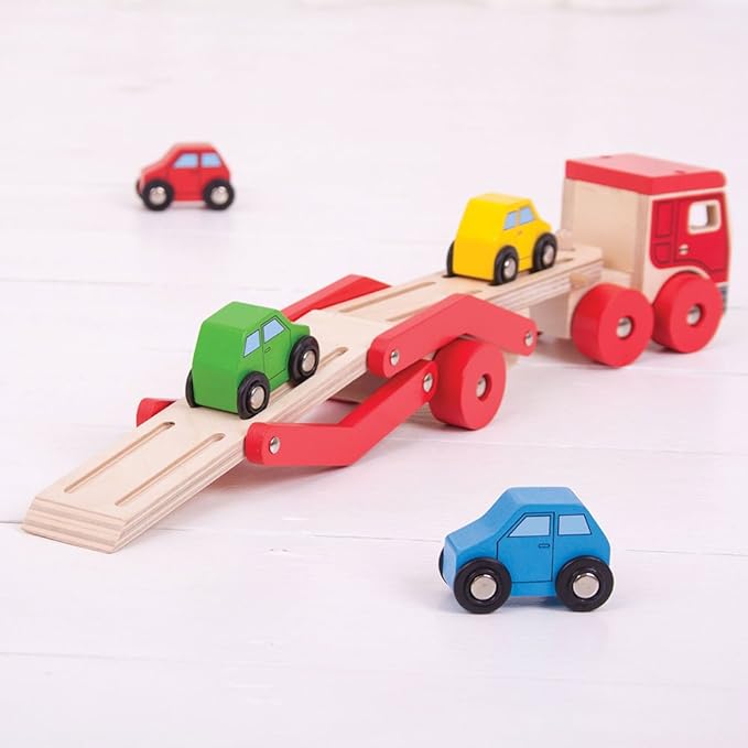 Bigjigs Toys, Wooden Car Transporter, Toy Car Ramp, Wooden Toys, for 1 Year Old Boys, Push Along Baby Vehicle Toy