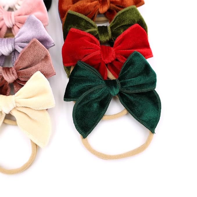 Pack of 12 Velvet Bow Headband for Newborn Baby Toddler Girl Soft Nylon Hairbands Elastic Hair Bands (Fable Bow 3 inch 12 pcs)