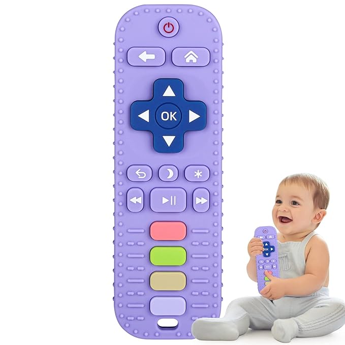 Fu Store Silicone Teething Toys for 0-24 Months Infant Toddlers, Remote Control Shape Teethers for Babies Chew Toys, Relief Soothe Babies Gums Set Dishwasher and Refrigerator Safe Purple