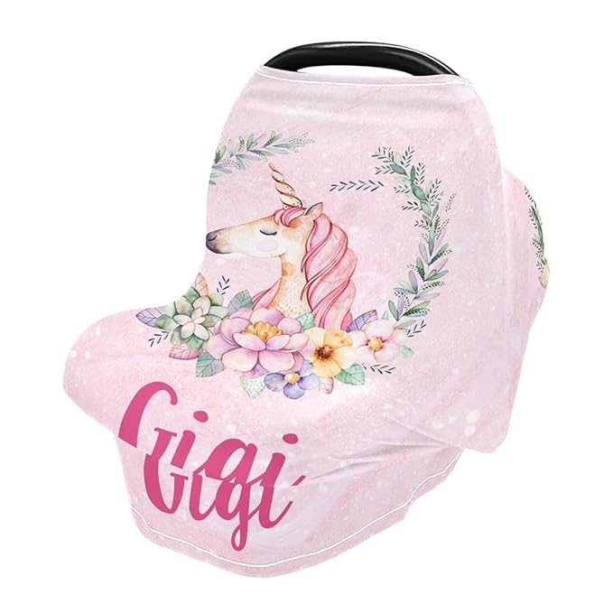 Personalized Baby Car Seat Cover for Babies, Custom Name Baby Car Seats Canopy for Girls, Nursing Breastfeeding Stroller Covers for Infant Newborn, Shower Gift for Baby (Unicorn Pink)