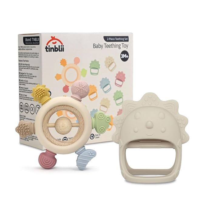 Baby Teething Toys 2 Pack, Dinosaur Mitten Teether and Ring Sun Teether with 6 Chewing Points, Silicone Chew Toys for Infants 0-6 6-12 Months, BPA Free Soothing Gum Relief Set (White)