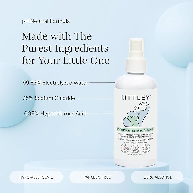 Littley Pacifier & Teether Cleaner | Alcohol‑Free HOCl Spray for Baby Pacifiers, Teethers, Bottles & High‑Touch Toys | Fragrance‑Free | Portable Travel Size |  8 oz