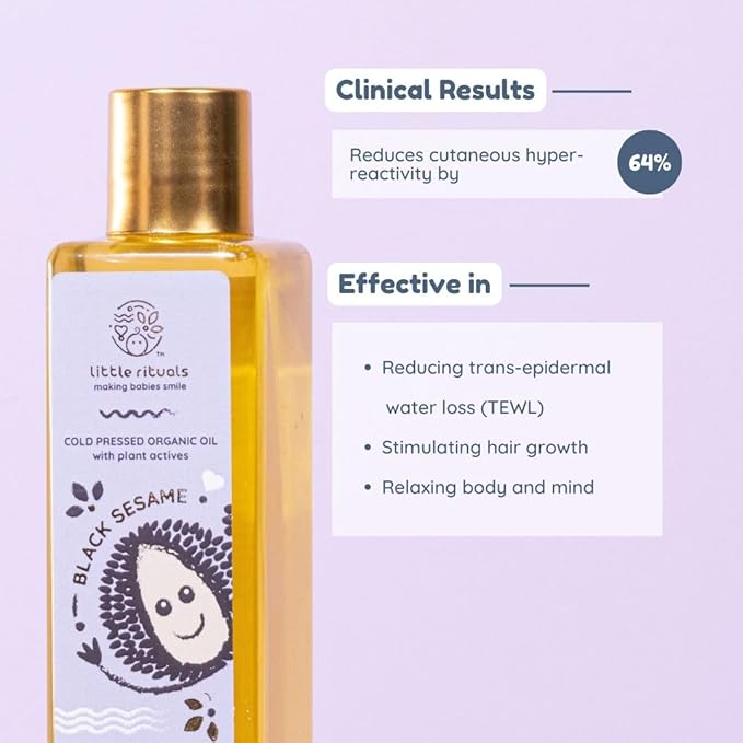 Little Rituals BLACK SESAME - BABY MASSAGE OIL Certified Organic, Wood Cold-Pressed for Skin and Hair with SWISS Plant Actives - 200 ml. Dermatologist Tested by Pediatrics, Mild & Gentle & Safe