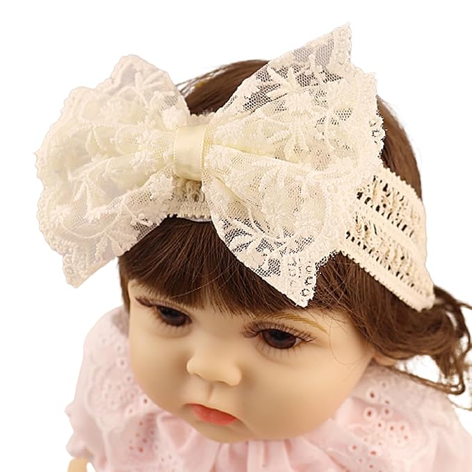 Lace Flower Bow-knot Baby Girls Headband Birthday Infant Wrap Elastic Baby Turban Hairband for Newborn Infant Toddler Kids (Ivory)