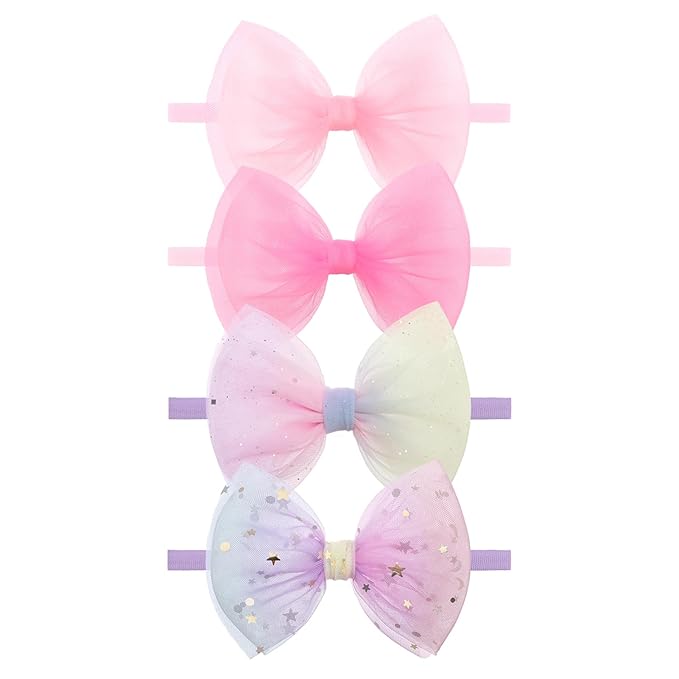 4 Pcs 4.5’’ Organza Lace Bow for Baby Girls Pink Headbands Mesh Glitter Hair Bows Baby Shower Gifts for Newborn Infant Toddler Girl