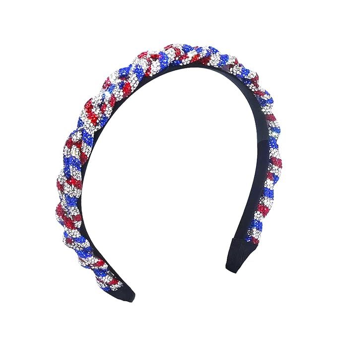 4th of July Rhinestone Headbands for Women Girls Stripes Twist Hairband for Girls Red Blue White Rhinestone Sparkle Head Band Patriotic Hair Accessories