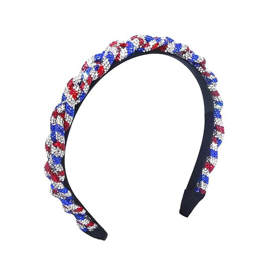4th of July Rhinestone Headbands for Women Girls Stripes Twist Hairband for Girls Red Blue White Rhinestone Sparkle Head Band Patriotic Hair Accessories