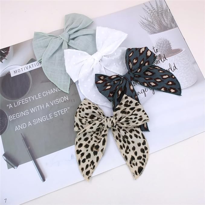 Pack of 4 Gorgeous Fable Bow Hair Clips for Girls Women Linen Hair Bow Alligator Clips Toddler Baby Mom Young Girl Hair Accessories (Leopard)