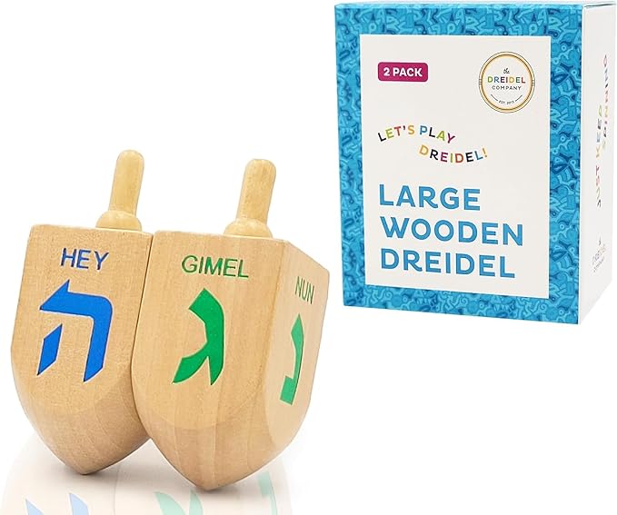 Hanukkah 2-Pack Dreidel Extra Large 3" Inch Wooden Dreidels Natural Wooden with Foil Embossed Hebrew Letters & English Translation. Great for All Kids Ages 3 and up.