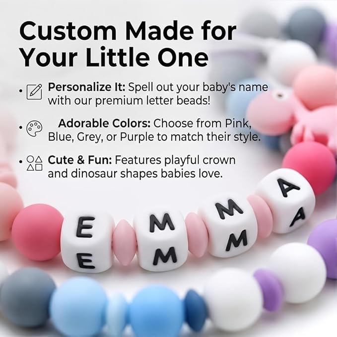 Personalized Pacifier Clip with Name, Custom Silicone Binky Holder for Boys Girls, Dinosaur & Crown Pacifier Chain