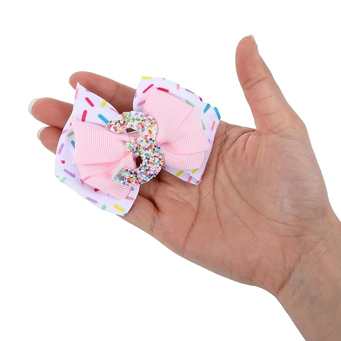 2pcs Birthday Hair Bow for Baby Girls, Sprinkle Confetti 3rd Birthday Decorations for Girls, Ice Cream Party Theme Bow Clips for Baby Girls Pink Hair, Happy 3rd Birthday Girl Hair Bow Clips