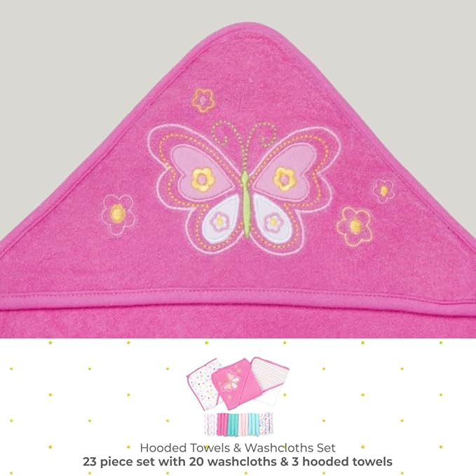 Spasilk Bath Hooded Towels & Washcloths Set for Babies, 23-Piece Gift Set, Pink Butterfly, (Gift GBA23 07)