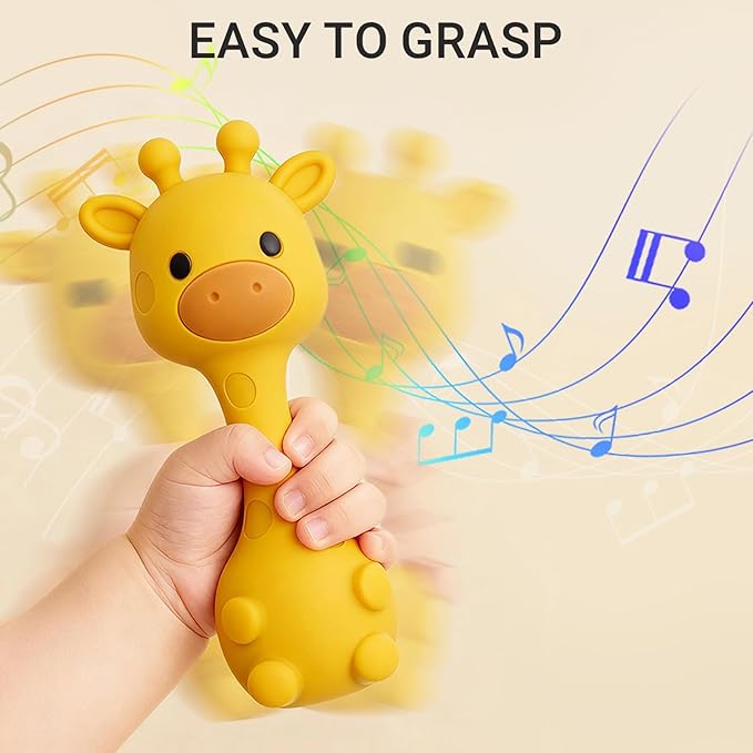 Giraffe Silicone Baby Teether Rattle Toy for 0-6 6-12 Months, BPA-Free Infant Teething Toy with Rattle Sound, Easy-Grip Design for Teething Relief (Mango)