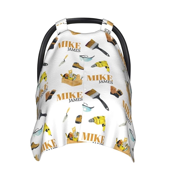 Personalized Baby Car Seat Canopy for Babies, Custom Name Baby Car Seats Covers for Boys Girls, Opening Minky Nursing Breastfeeding Cover for Infant Newborn, Carseat Canopies (Tools)