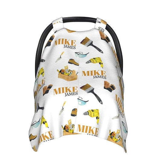 Personalized Baby Car Seat Canopy for Babies, Custom Name Baby Car Seats Covers for Boys Girls, Opening Minky Nursing Breastfeeding Cover for Infant Newborn, Carseat Canopies (Tools)