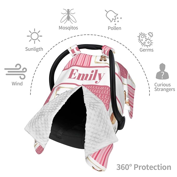 Personalized Baby Car Seat Canopy for Babies with Name, Custom Car Seat Covers for Girls, Animals Pink Nursing Breastfeeding Stroller Cover Infant Carseat Canopies for Newborn