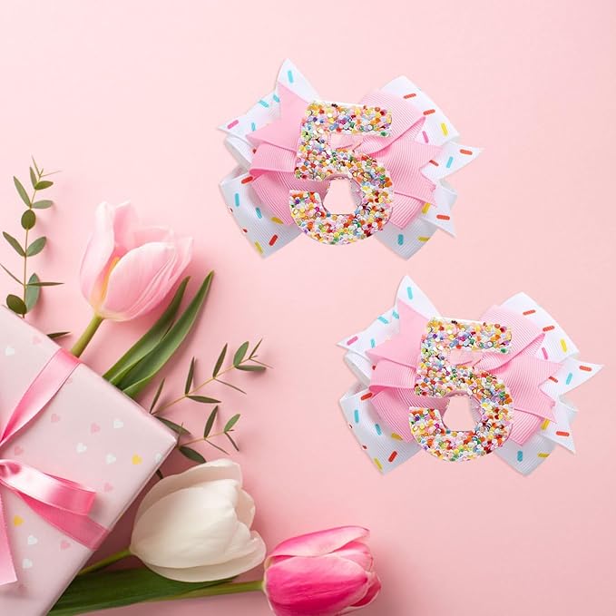 Birthday Hair Clips for Baby Girls - 2Pc Pink Sprinkle Bow Hair Clips for 5th Birthday Glitter Ice Cream Baby Bow Party Decorations for Girls Toddlers Hair Accessories (Pink-5 Years-Clips)
