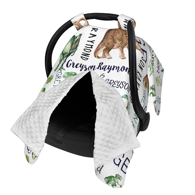Personalized Baby Car Seat Canopy for Babies with Name, Custom Dinosaur Stroller Car Seat Covers for Boys, Minky Nursing Carseat Cover for Breastfeeding, Car Seat Canopies for Infant Newborn