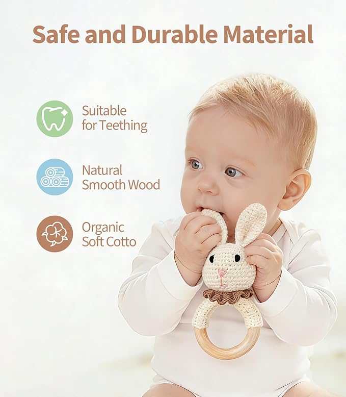 Baby Rattle Toys, Handcrafted Crochet Bunny Rattles with Wooden Teething Ring, Organic Newborn Toy Crochet Stuffed Animal Rattle Baby Announcement Ideas, Beige