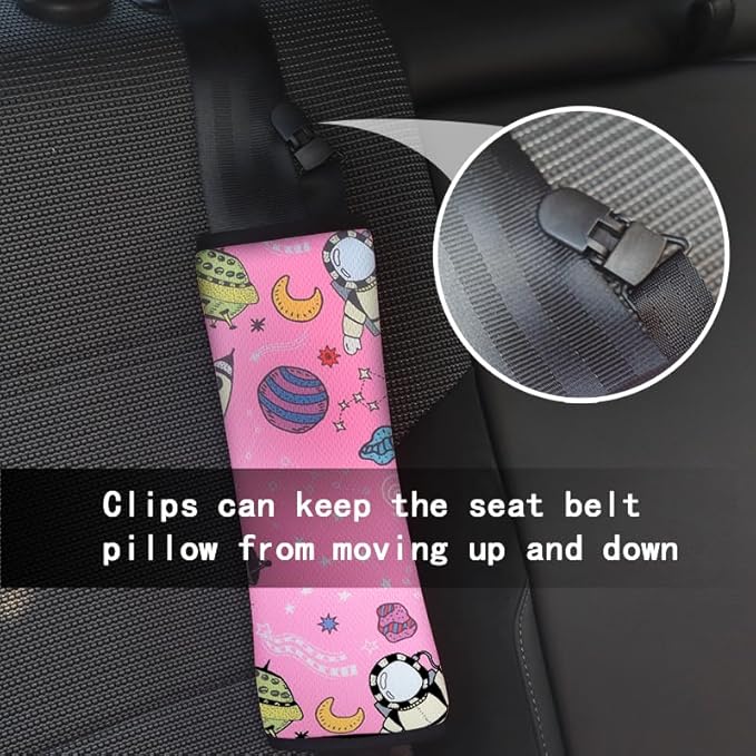 Car Seat Belt Pillow for Kids with Clips,Seat Strap Belt Covers Pad Cushion,Car Seatbelt Cover Pillows for Toddlers (Space Pink)