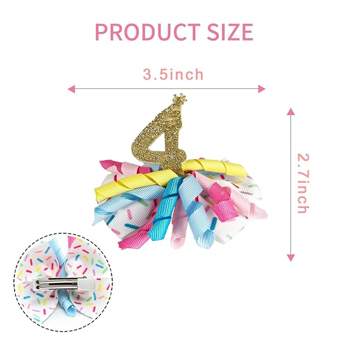 Birthday Hair Clips for Baby Girls - 2Pc Curly Ribbon with Gold Number Bow Hair Clips for 4th Birthday Baby Bow Party Decorations for Girls Toddlers Hair Accessories (Gold Number- 4 Years)