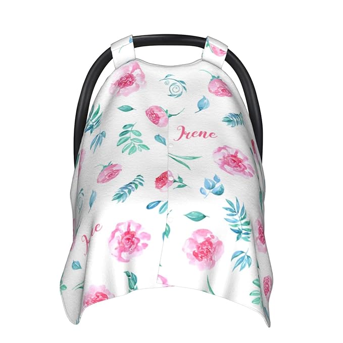 Personalized Pink Flower Baby Infant Car Seats Canopy for Babies with Name, Custom Green Leaves Lightweight Covers for Baby Boys Girls, Minky Nursing Breastfeeding Stroller Cover for Newborn