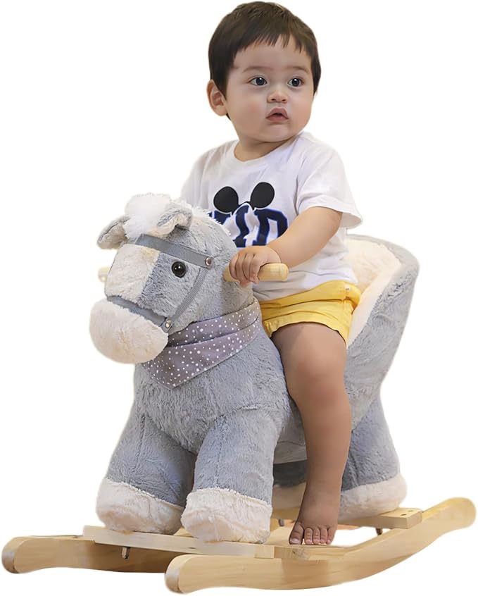 Rock My Baby Rocking Gray Horse with Chair, Plush Stuffed Rocking Pony with Realistic Sound, Baby Rocker Animal for Toddlers 1-3 Ride on,CPC Certified