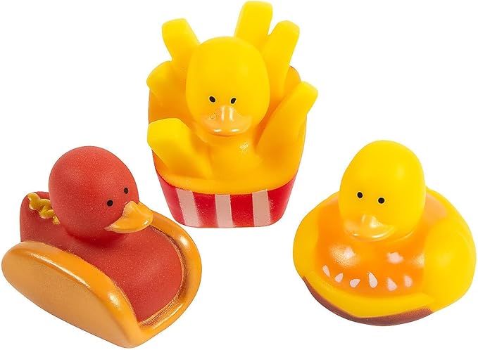 Fun Express 2" Fast Food Hamburger, French Fries & Hot Dog Rubber Ducks - 12 Pc | Foodie-Themed Party Favor Toys | Set of 12