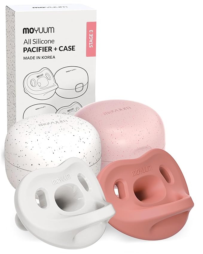 Moyuum Silicone Macaron Pacifier | Made in Korea, BPA Free One-Piece Design Baby Soother, Soft Orthodontic Shape with Air Holes, 2 Pack with Travel Case, Babies 6+ Months (Raspberry + White, Stage 3)