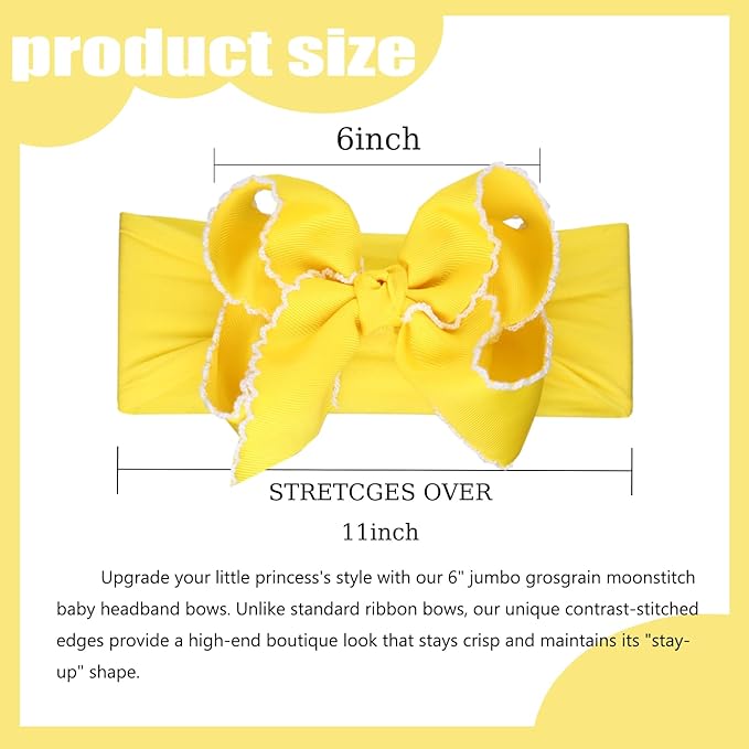 6'' Jumbo Yellow Baby Girls Bow Headbands, Handmade Grosgrain Moonstitch Boutique Baby Headwraps, Super Stretchy Soft Nylon Headbands for Newborns, Infants & Toddlers