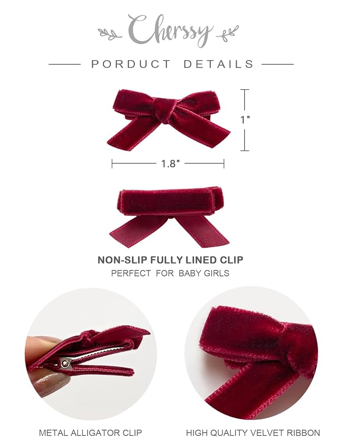 Velvet Mini Bows for Baby Girls, 20pcs Boutique Tiny Baby Hair Clips, Fully Lined Hair Barrettes Alligators for Infants Toddlers Fine Hair by Cherssy
