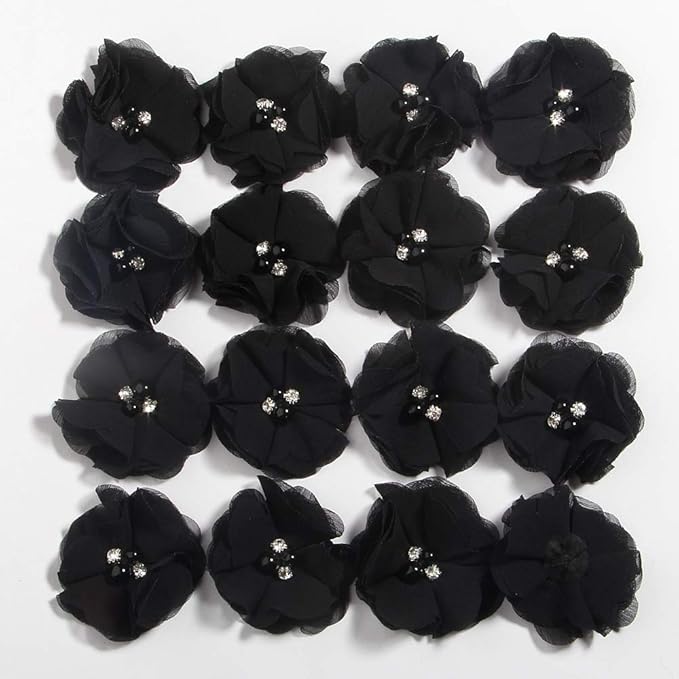 50 Pcs 2" Mini Chiffon Flowers with Rhinestones for Baby Girls Hair Accessories Artificial Fabric Flowers for Headbands Craft Projects (Black)