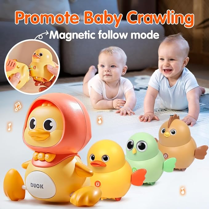 4 Pcs Baby Toys Musical Duck Crawling Baby Toys Set with Music & Light, Early Learning Educational Toy for Babies Birthday Toy for Boys Girls (Yellow)