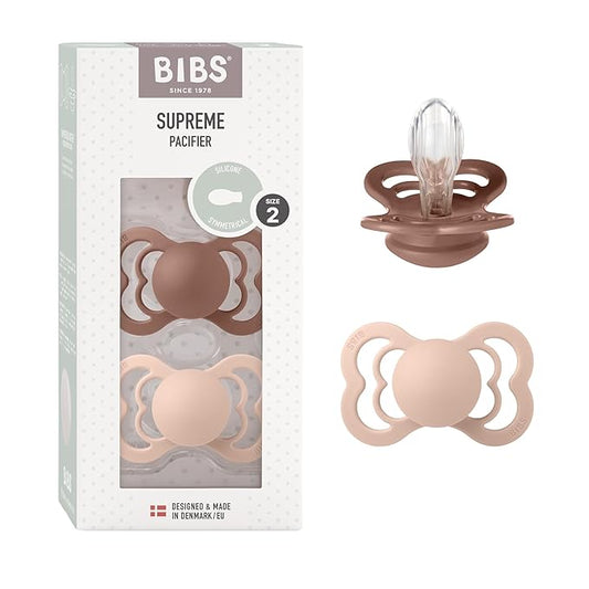 BIBS Pacifiers - Supreme Collection | Symmetrical Nipple | Silicone | Made in Denmark | Set of 2 Woodchuck/Blush Color Premium Soothers | Size 6-18 Months