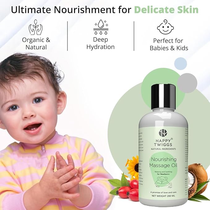 Organic Massage Oil for Newborn, Kids, Toddlers, Adults with Sensitive Skin - Coconut, Sunflower & Rosehip, Fragrance-Free, Hydrating, Non Greasy, Vitamin E Infused - Hypoallergenic & Cruelty-Free