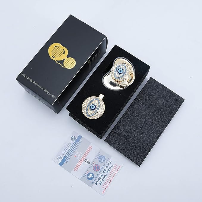 Lovely Evil Eye Gold Silver Pacifier and Clip Set BPA Free Safe Unique Design Luxurious Dummy Ideal Gift for Baby Show New Born