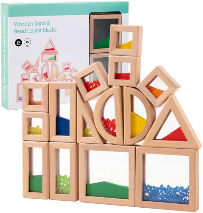 Rainbow Sensory Stacking Toys, Stem Education Building Block Set, 23 Wooden Beads, Fine Sand Sound Building Blocks, Toddlers, Infants, Children, Colorful Geometric Stacking Toys