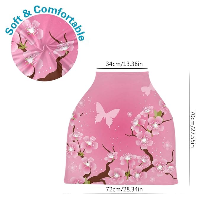 Stylized Cherry Blossom Flowers Baby Car Seat Covers, Nursing Cover Breastfeeding Scarf Soft Breathable Stretchy Coverage, Infant Stroller Cover for Boys Girls
