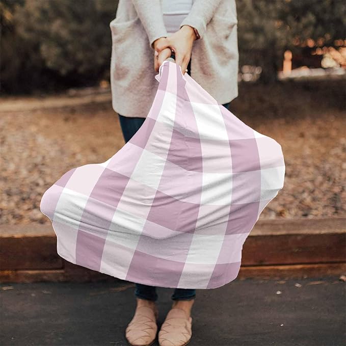 Pink White Plaid Car Seat Covers for Babies, Modern Geometric Checkered Lattice Nursing Breastfeeding Covers Stretchy Breathable Baby Carseat Canopy Cover for Girls and Boys Shower Gifts