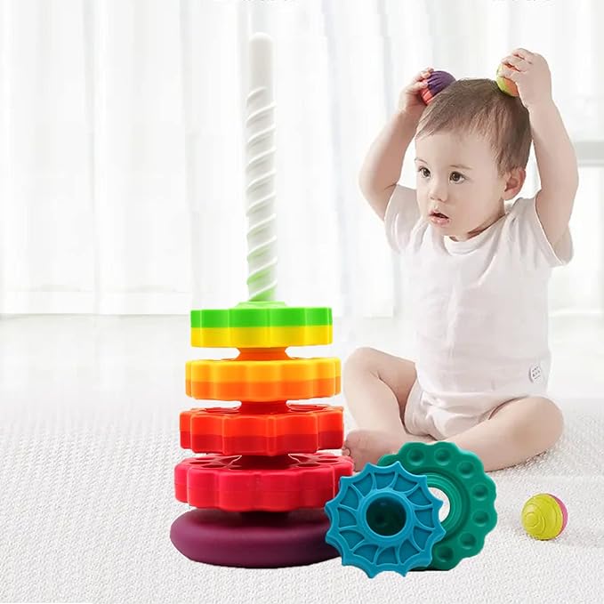 LUCKFUTURE Educational Spinning Stacking Toys, Rainbow Stacking Rings Baby Toy, Montessori Sensory Learning Toy for Girls and Boys Toddlers Toys for 1-3 Year Old (Pack of 2)