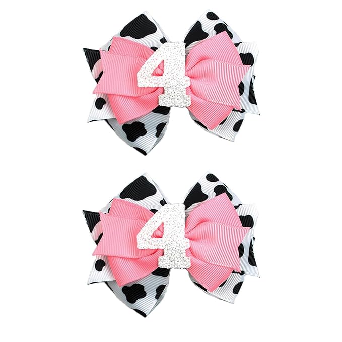 Birthday Hair Clips for Baby Girls - 2Pc Cow Print Bow with White Number Hair Clips for 4th Birthday Baby Bow Party Decorations for Girls Toddlers Hair Accessories (Cow Print -4 Years)